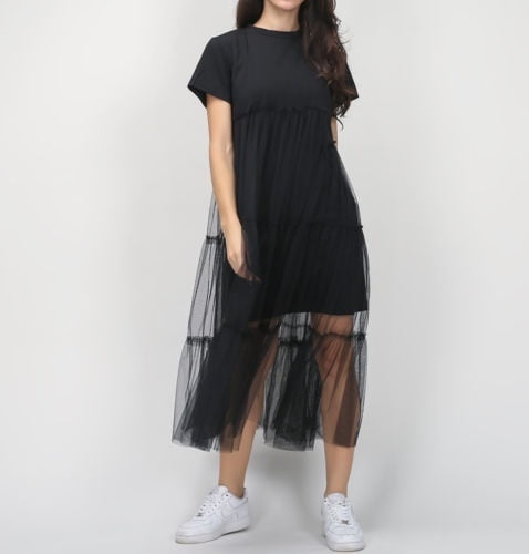 Women Black Casual Loose Short Sleeves Dress Tulle T-shirt Dress Long Dress  Summer | Walmart Canada